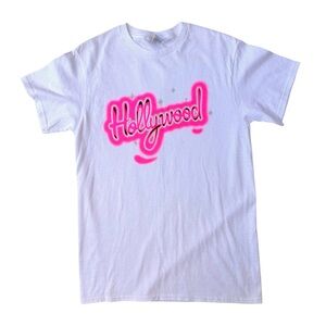 White Tee with Pink 'Hollywood' Neon Script